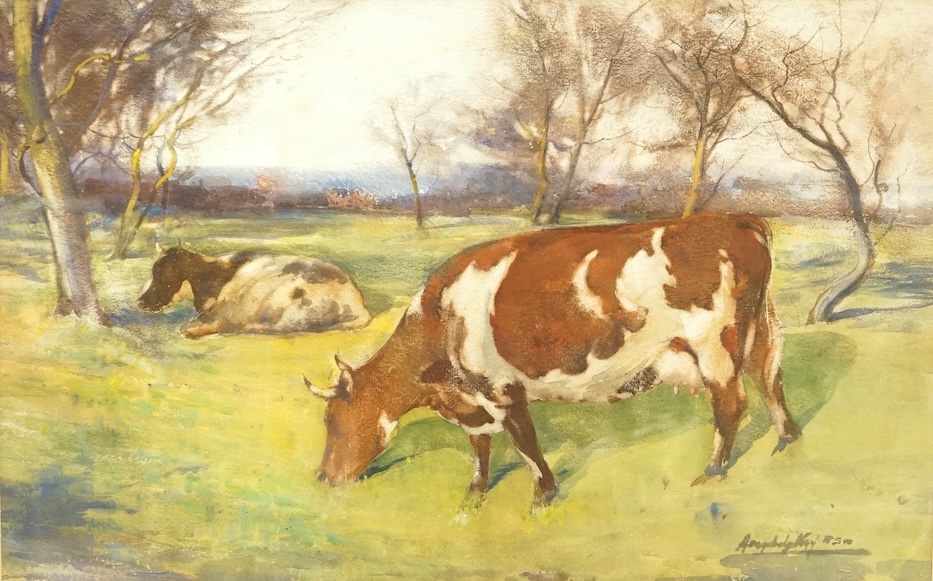 20th century, English School, Study of two cows in pastureland, indistinctly signed, pastel and mixed media, 36 x 56cm